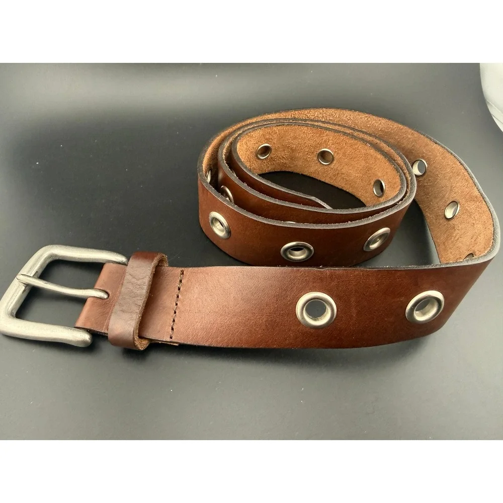 Old Navy Mens Brown Leather Grommet Belt Made in USA Size Large Silver Buckle